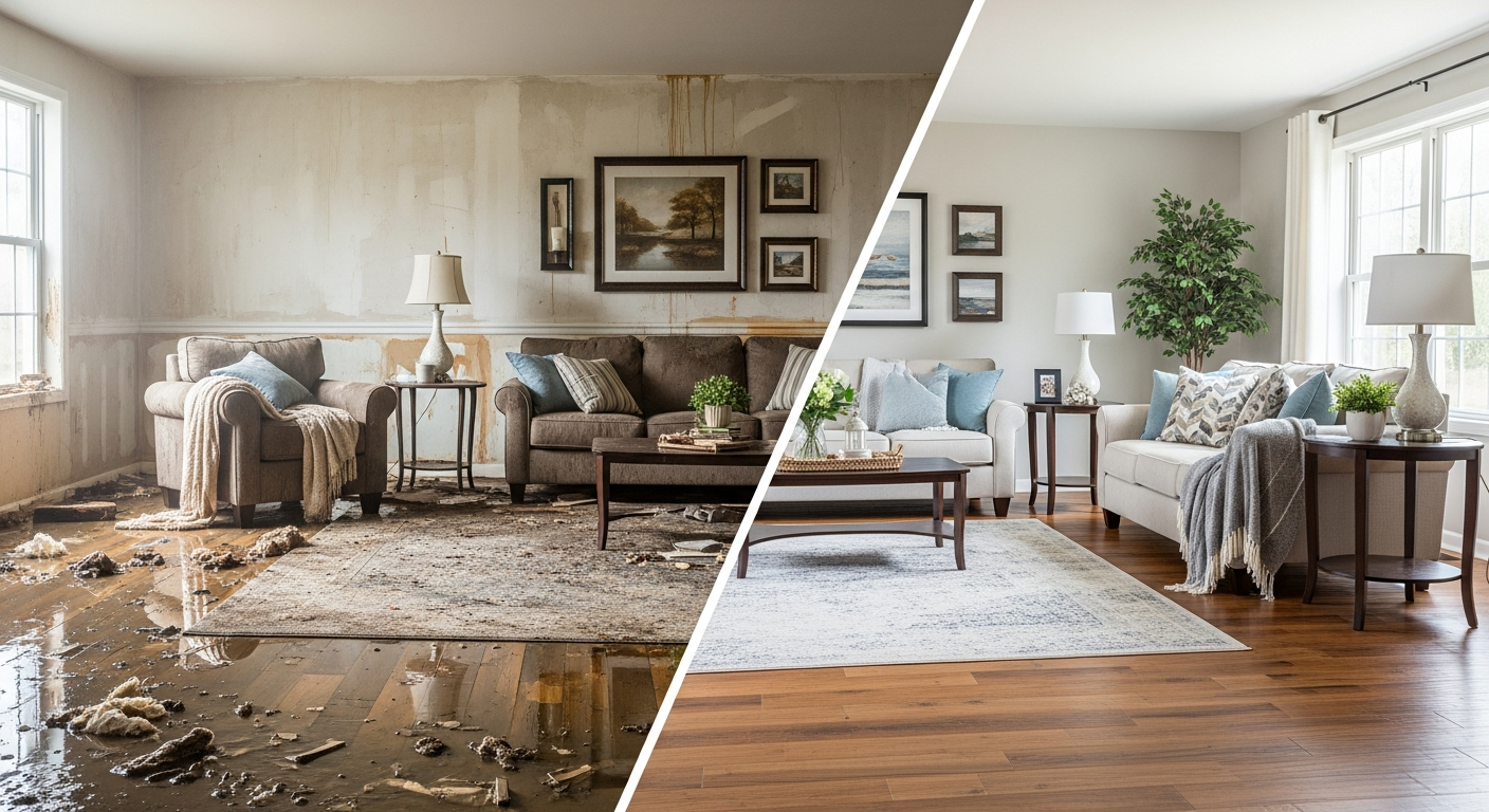 Before and after water damage restoration — Dallas home restored to pre-loss condition