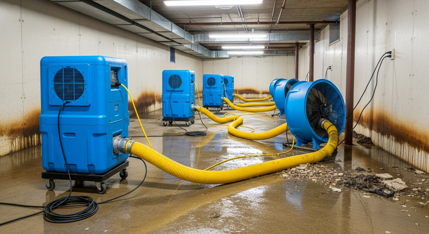 Industrial dehumidifiers and air movers drying a water-damaged Dallas property