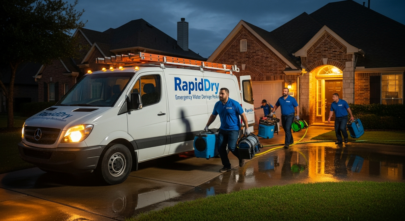 Emergency water damage restoration van arriving at Dallas home at night