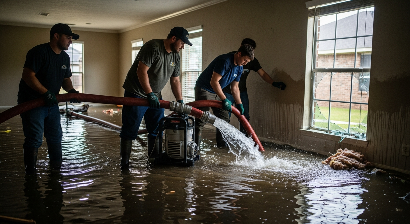 Flood cleanup crew pumping standing water from flooded Dallas home after storm