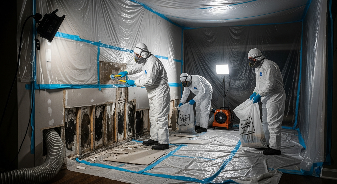 Mold remediation team in protective suits removing mold from Dallas home