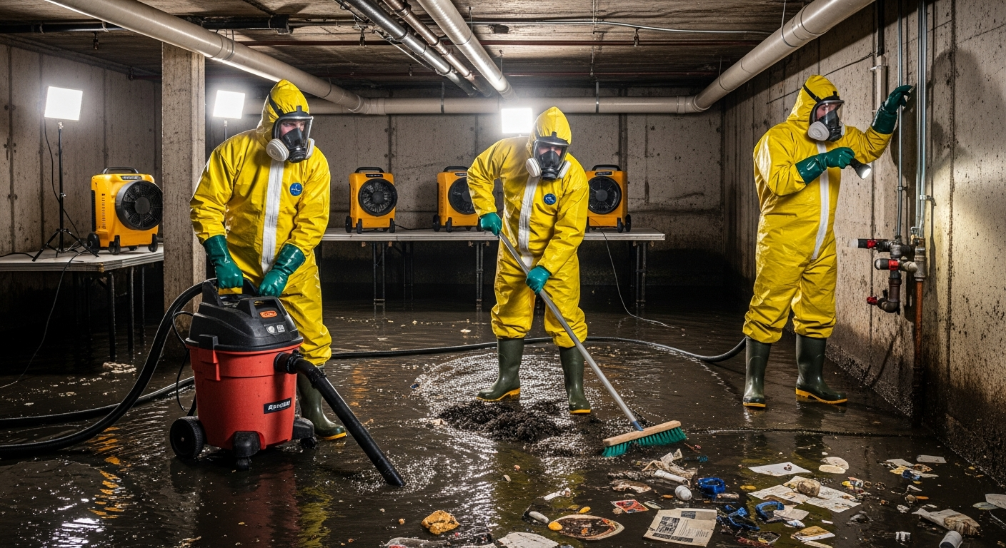 Sewage cleanup crew in PPE safely removing contaminated materials from Dallas property