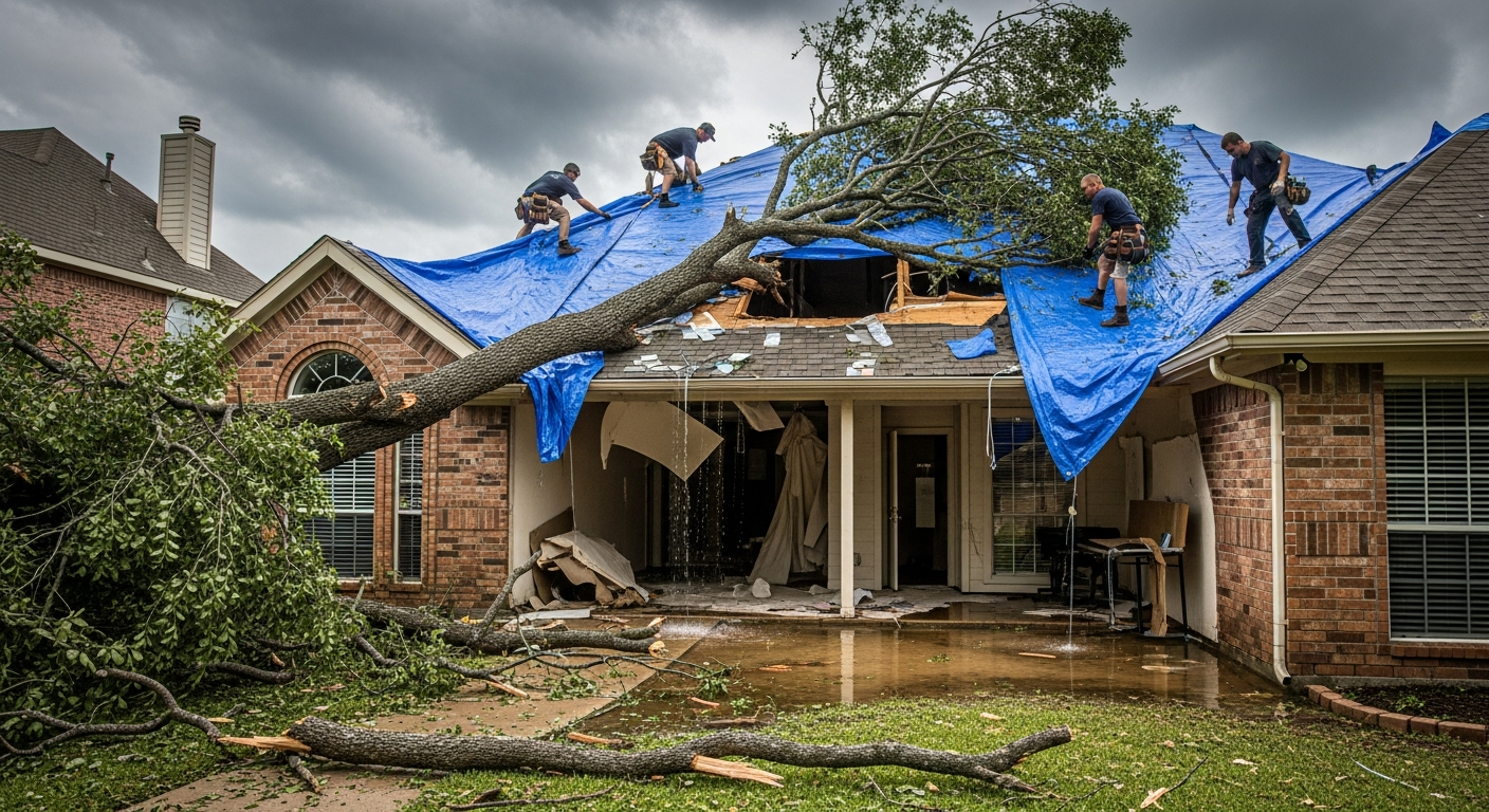Storm damage restoration crew tarping a damaged Dallas home roof after severe storm