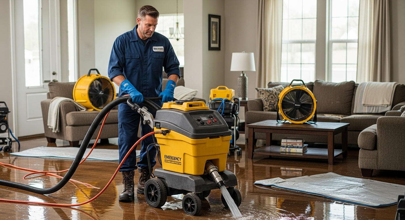 Water damage restoration technicians extracting water from flooded Dallas home