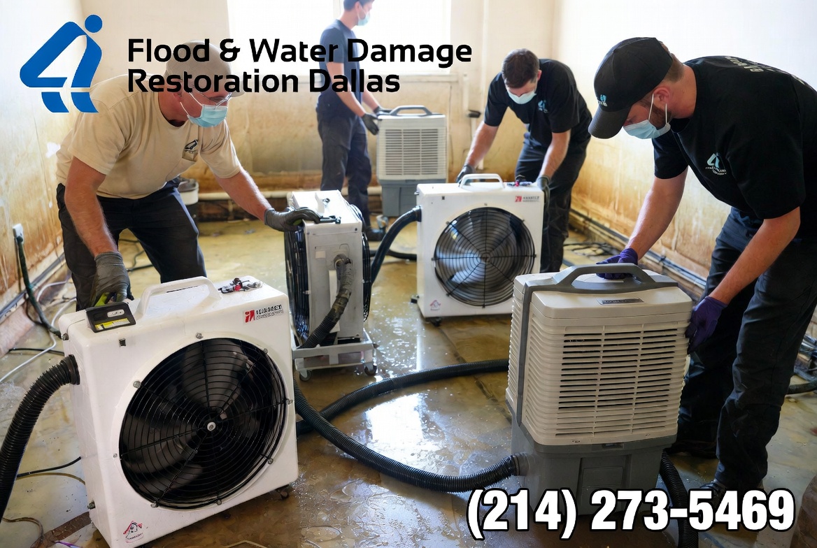 Storm damage restoration team extracting water from a flooded Dallas property